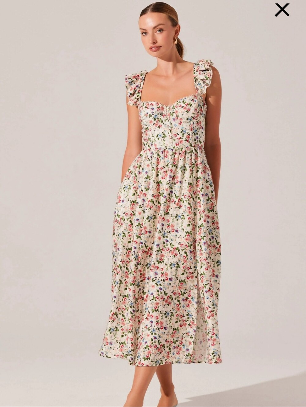 Astr Cream Floral Ruffle-Shoulder Midi Dress
